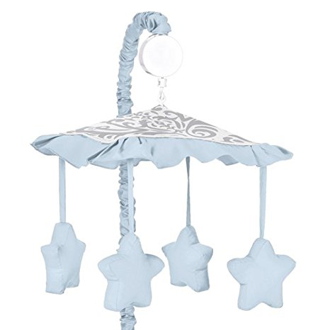 Blue, Gray and White Damask Print Avery Musical Baby Crib Mobile for Unisex Girl or Boy Bedding Sets