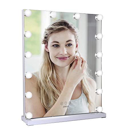 ANNSAN Hollywood Lighted Vanity Mirror With 14 Dimmable LED Bulbs And Touch Control Design, Three colors Adjustable Makeup Mirrors With Light Kit, Tabletop Makeup Cosmetic Mirrors, White