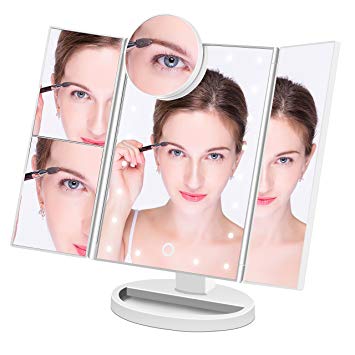 Makeup Mirror Lighted Makeup Vanity Mirror with 21 LED Lights, 3X/2X Magnification and Detachable 10X magnifying mirror, Tri-flod LED Makeup Mirror with touch screen, 180° Adjustable Rotation, Counter