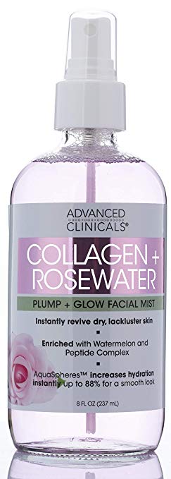 Collagen   Rosewater Skin Reviving & Hydrating Face Mist Lightweight, Non-Greasy Toner Spray for Instant Hydration with Pure Rose Water and Premium Natural Extracts by Advanced Clinicals, 8 oz.