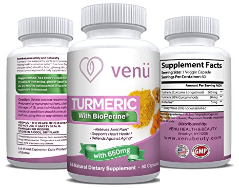 Venü Beauty Organic Turmeric Curcumin with Bioperine - 60 Veggie Capsules [600mg] - Premium Dietary Supplement for Healthy Joints, Immune Support & Youthful Skin
