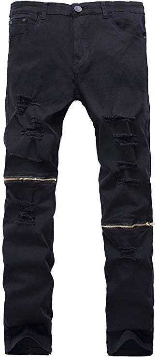 Lavnis Men's Slim Fit Destroyed Jeans Pencil Pants Slim Zipper Jeans with Holes