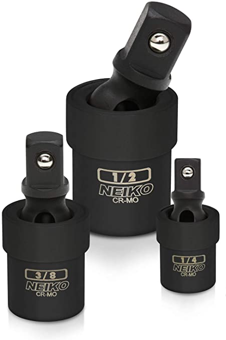 NEIKO 02486A Universal Joint Swivel Socket Adapter Set | 1/4", 3/8”, 1/2" Drive | Cr-Mo Impact Grade | Black Phosphate Finish | 3 Piece