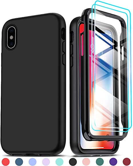 LeYi for iPhone X Case, iPhone XS/10 Case with [2 x Tempered Glass Screen Protector] for Women Men, Full-Body Shockproof Soft Liquid Silicone Protective Phone Case Cover for iPhone 10/X/XS, Black