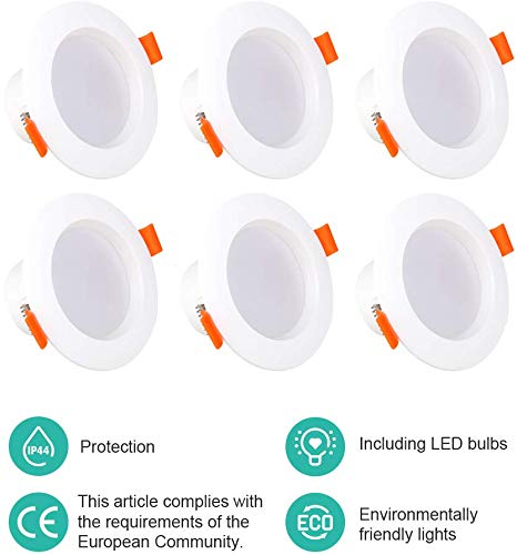 ELLDUE LED Recessed Ceiling Lighting Warm White 5W | 3000K | 480 Lumens | 230V | IP44 Round Downlights for Hallway Bathroom Stage & Office,Pack of 6
