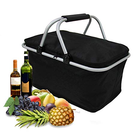 KINGSO 30L Large Insulated Picnic Basket Protoble Cooler Bag Folding Collapsible Tote Basket with Handles and Zipper for Outdoor Camping Hiking Fishing Black