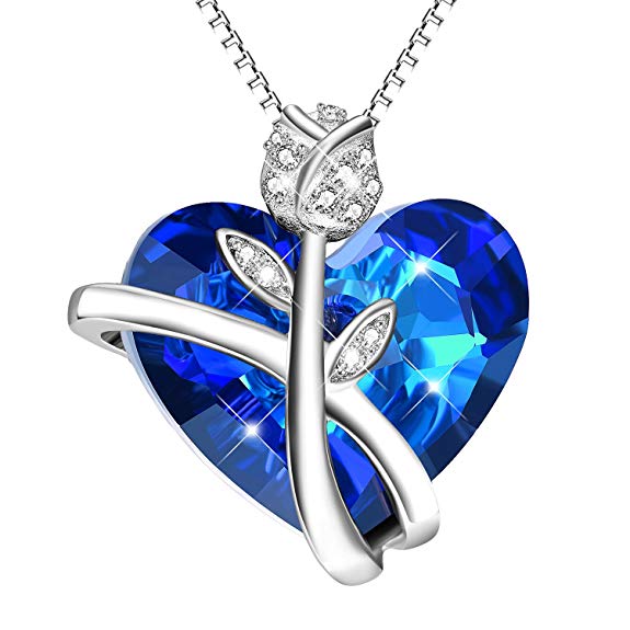 AOBOCO Sterling Silver Heart Necklaces for Women Blue Swarovski Crystals Rose-Flower Jewelry Anniversary Birthday Gift for Daughter Lover Niece Wife Girlfriend Sister Friend