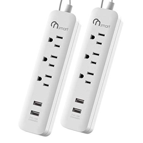 2 Pack ON Smart Solution 3 AC Outlets Surge Protector Power Strip- 2 USB 2.4A Total Output- 300J Surge Protection- 3 Ft Power Cord- ETL Listed- White