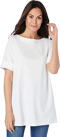 Woman Within Women's Plus Size Perfect Cuffed Elbow-Sleeve Boat-Neck Tee