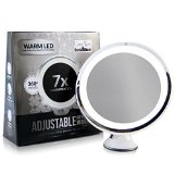 LED Makeup Mirror - Adjustable 7x Magnification Lighted Makeup Mirror Vanity Warm LED Tap Light Bathroom Mirror with Powerful Rotating Locking Suction 6 Wide Wireless and Compact as Travel Mirror