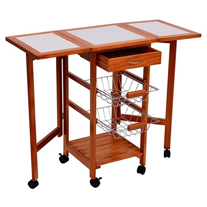 Awesomemart Wood Rolling Top Drop-Leaf Kitchen Trolley Cart Storage Drawer Stand w/Baskets