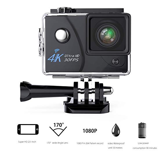 Action Camera,Zhicity 16MP 4K Wi-Fi 30FPS 64 G TF Card Ultra HD Waterproof Sports Cam 170°Wide-Angle Lens Sport Camera DV Camcorder with 7 Accessory (Black)