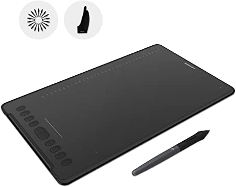 HUION H1161 Drawing Tablet Battery-Free Graphics Tablet 11x6.875inch 8192 Levels Pressure Sensitivity Tilt Support 10 Press Keys 16 Soft Keys Touch Strip, Glove Included