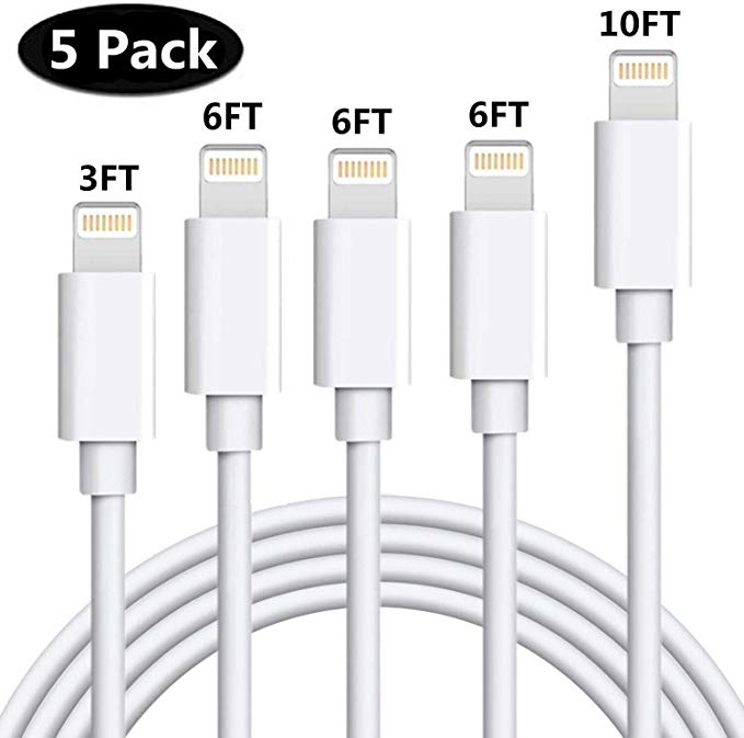 Phone Charger Cable Lightning Cable Mfi Certified 5Pack(3ft/6ft/6ft/6ft/10ft) USB Fast Long iPhone Charging Cords Compatible iPhone XS/Max/XR/X/8/8P/7/7P/6/6S/iPad/iPod/IOS