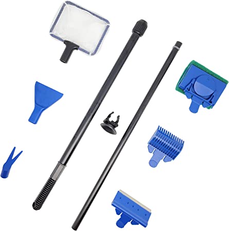 Fish Tank Cleaning Tools 5 in 1 Aquarium Clean Set Fish Net Gravel Rake Algae Scraper Fork Sponge Brush Glass Cleaner Tools Kit