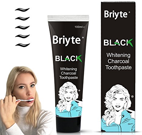 Briyte ® BLACK Teeth Whitening CHARCOAL TOOTHPASTE (Natural Vegan Bamboo Tooth Whitener) No Fluoride - White with Briyte UK crest