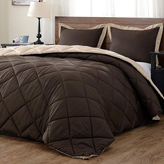 downluxe Lightweight Solid Comforter Set (Twin) with 1 Pillow Sham - 2-Piece Set - Brown and Tan - Hypoallergenic Down Alternative Reversible Comforter