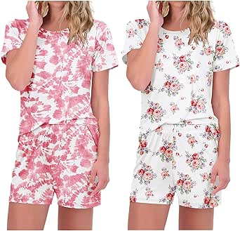 Ekouaer 2 Pack Pajama Sets Womens's Short Sleeve Tops with Shorts Comfy Pjs Casual Lounge Sets Sleepwear with Pockets