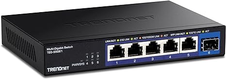 TRENDnet 6-Port Unmanaged 2.5G Switch with 10G SFP  Port, TEG-S5061, 5 x 2.5GBASE-T Ports, 45Gbps Switching Capacity, Fanless, Wall Mountable, Black