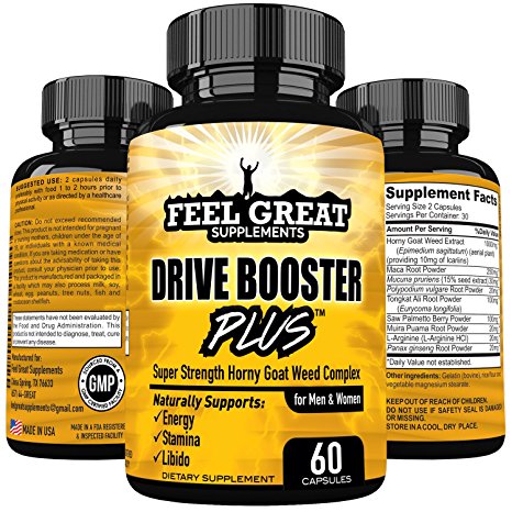 DRIVE BOOSTER PLUS Super Strength Horny Goat Weed Extract 1000mg for Men & Women, Natural Energy, Stamina, Focus, Libido Booster, Hormone Balance w Ginseng, Maca Root, Tongkat Ali Powder, Saw Palmetto