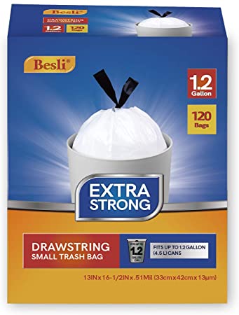 Besli 1.2 Gallon Drawstring Trash Bag Small Garbage Bag,120 Counts (1.2 Gallon, White)