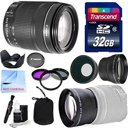 Canon Lens Kit With Canon EF-S 18-135mm f/3.5-5.6 IS STM Lens Standard Zoom Lens (67mm Thread)   Wide & Telephoto Auxiliary Lenses   3 Piece Filter Kit   32 GB Transcend SD Card-for Canon DSLR Cameras