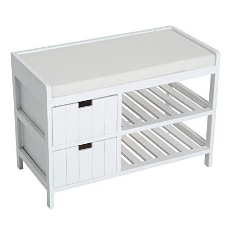 HOMCOM Compact Rustic Padded Wooden Shoe Rack Bench Organizer with Drawers - Country White