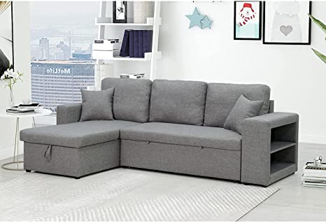 GAOPAN Modern Reversible Sectional Sofa Set with Storage Chaise Lounge, L Shape Corner Couch W/Pull Out Sleeper Bed Sofabed & Storage Shelf Function for Living Room Furniture & Small Space, Gray