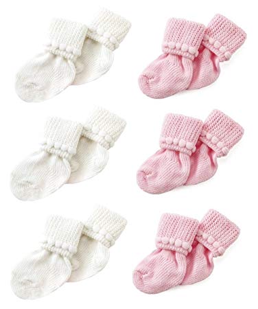 Pink & White Newborn Baby Socks by Nurses Choice - Includes 6 Pairs of Cotton Socks