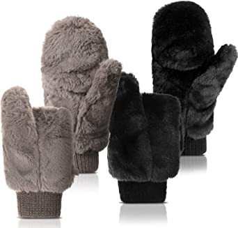 SATINIOR 2 Pair Faux Fur Fingerless Gloves Winter Warm Soft Half Finger Mittens Fuzzy Lined Wool Gloves for Women Girl