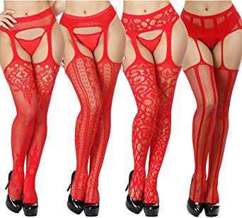 TGD Fishnet Stockings Tights Sexy Suspender Pantyhose for Women Thigh High Stocking Colors 4 Pairs