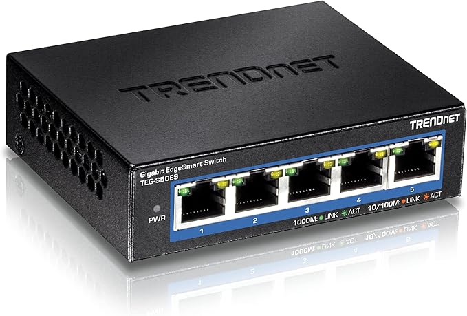 TRENDnet 5-Port Gigabit EdgeSmart Switch, TEG-S50ES, 5 x Gigabit Ports, 10Gbps Switch Capacity, Ethernet Network Desktop Switch, Managed Smart Gigabit Switch, Metal, Fanless, Lifetime Protection