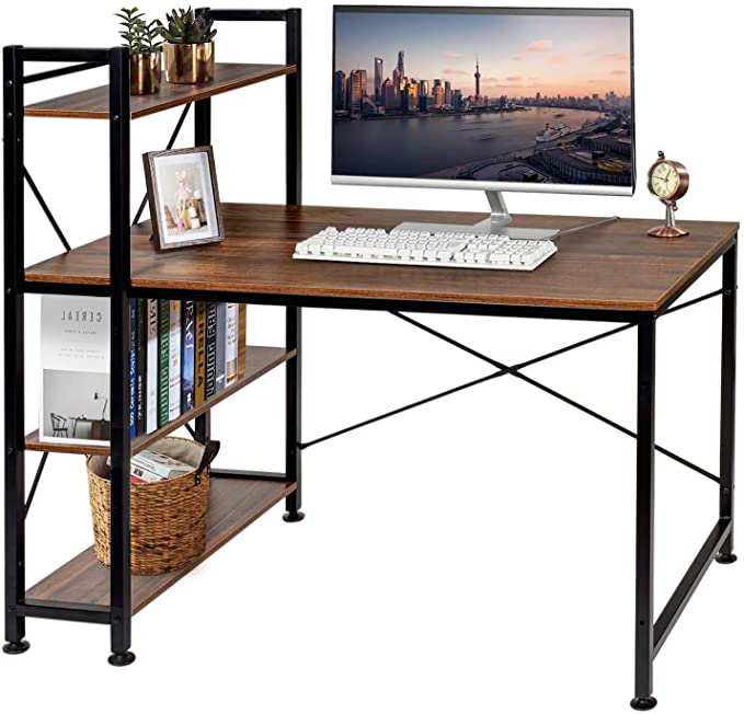 VECELO Computer 4-Tier Shelves 47 inch Study Writing Desk Space-Saving Design Table with Bookshelf, Multipurpose Home Office Workstation, Brown