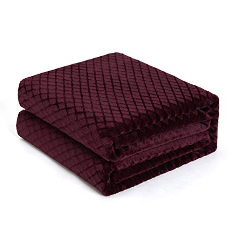 GONAAP Diamond Check Embossed Flannel Luxury Super Soft Fleece Cozy Throw Blanket Burgundy 106" 90"