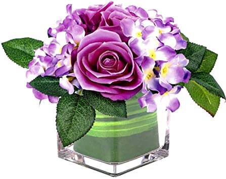 Fule Artificial Silk Rose Flower Centerpiece Arrangement in vase for Home Wedding Decoration (Light Purple)