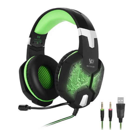 KOTION EACH G1000, 3.5mm PC Stereo Gaming Headset with in-line Mic, Integrated Microphone, Over-ear fit with Noise isolation, Integrated Breathing LED Light, For Laptops or Computers (Green)