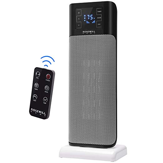 Rosewill Electric Tower, Ceramic Portable Oscillating Heater with Thermostat for Small Space Home & Office, Remote Control, 900W / 1500W Dual Heat Settings, RHTH-18001