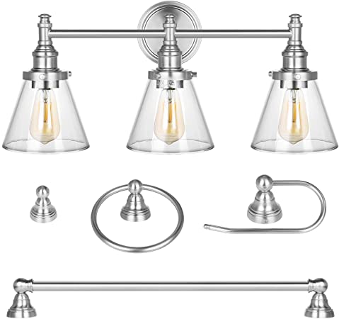 DEWENWILS 3-Light Vanity Light Fixtures, 5-Piece All-in-One Bathroom Set, Bathroom Light Fixtures with Clear Glass Shade, Towel Bar, Towel Ring, Robe Hook, Toilet Roll Holder, Brushed Nickel