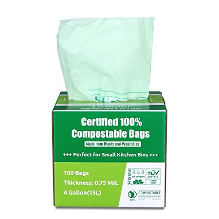 Primode 100% Compostable Bags, 4 Gallon (15L) Food Scraps Yard Waste Bags, Extra Thick 0.75 Mil. ASTMD6400 Biodegradable Compost Bags Small Kitchen Trash Bags, 100 Count Certified by BPI & TUV EU