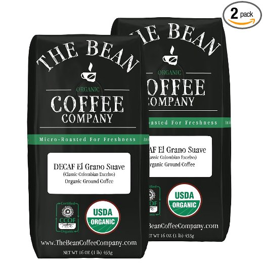 The Bean Coffee Company El Grano Suave (Classic Columbian Excelso Decaffeinated) Coffee, Organic Ground, 16-Ounce Bags (Pack of 2)