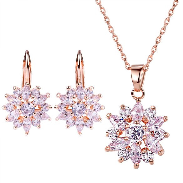 Bamoer Snowflake Earring Stud Necklace Pendants Jewelry Set Women Favorite Fashion 18K Gold Plated Jewelry Set Best Gift for Girlfriend