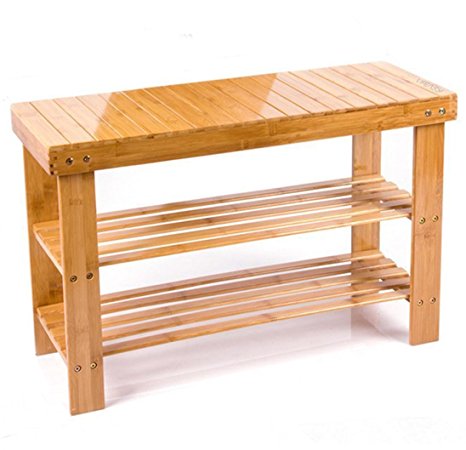 Lifeasy - 100% Natural Bamboo Removable Shoe Bench 2-Tier Shoe Storage Racks Shelf Organizer Chair Seat