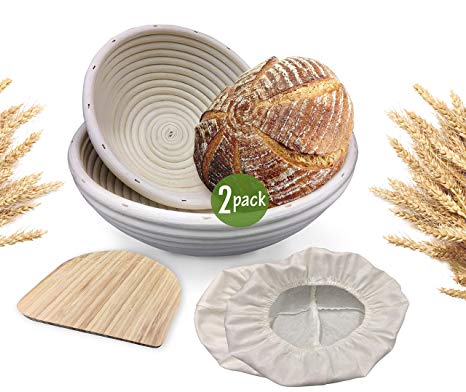 9 inch Round Banneton Bread Proofing Basket Set of 2 | Natural Rattan Cane Brotform Sourdough Bread Proving Basket Set with Bamboo Dough Scraper & Proofing Cloth Liner | Food-Safe Bread Baking Bowls