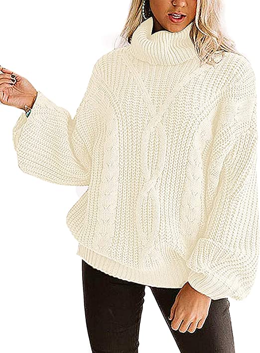 YUOIOYU Women's Long Sleeve Turtleneck Sweater Chunky Cable Knit Oversized Pullover Jumper Tops