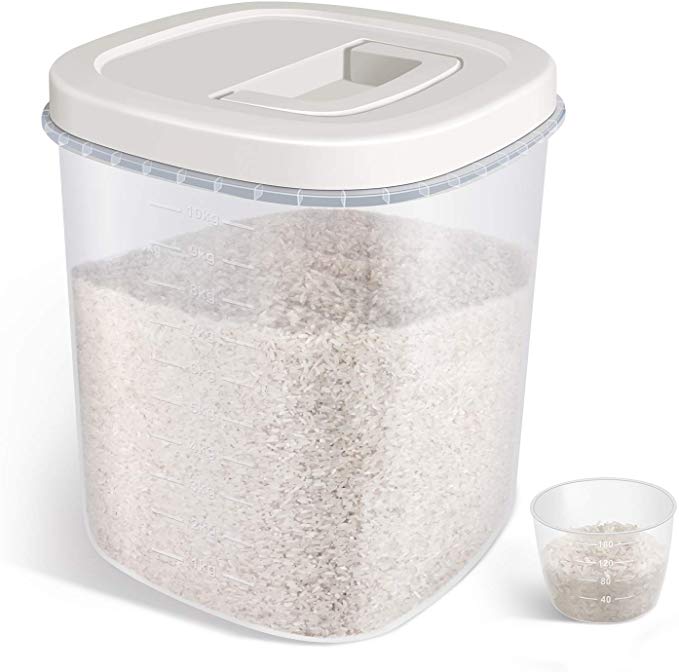 Rice Storage Container - 20 Lbs Airtight Cereal Container Bin with Measuring Cup - Food Container Dispenser for Rice Flour Cereal Kitchen Storage