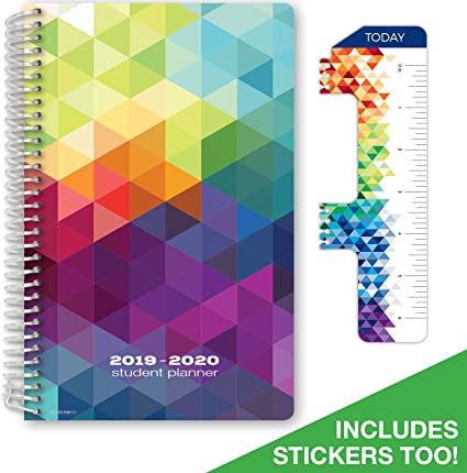 Dated Middle School or High School Student Planner for Academic Year 2019-2020 (Block Style - 5.5"x8.5" - Colorful Cover) - Bonus Ruler/Bookmark and Planning Stickers
