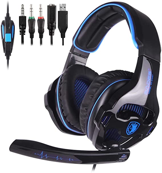 SADES SA810GT Stereo Gaming Headset for PS4, PC, Xbox One, Nintendo Switch, Noise Cancelling Over Ear Headphones with Mic for Laptop Mac Nintendo Switch Games, Surround Sound LED Light