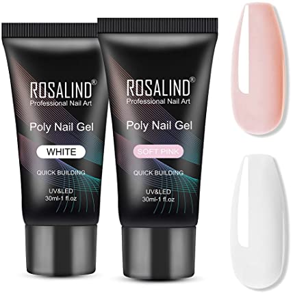 Soft Pink&White Extension Gel, ROSALIND 2 PCS 30ml White Poly Nail Gel kit Soft Pink Nail Builder for Nail Art Decoration, Nail Thickening Poly Nail Gel Tube Easy to DIY Use Need UV Lamp