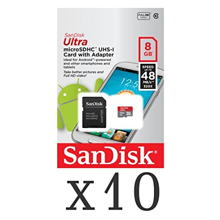 SanDisk Ultra 8GB UHI-I/Class 10 Micro SDHC Memory Card Up To 48MB/s With Adapter- SDSDQUAN-008G-G4A (Pack of 10)