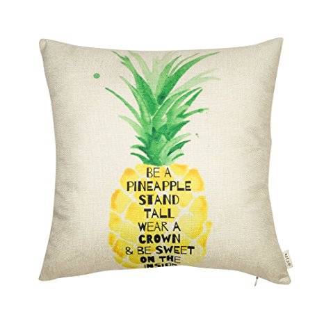 Fjfz Be a Pineapple Stand Tall Wear a Crown and Be Sweet on the Inside Inspirational Quote Cotton Linen Decorative Throw Pillow Case Cushion Cover for Sofa Couch, Gold Yellow, 18" x 18"